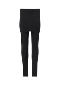 Leggings neri con design a vita alta. Realizzati in tessuto elasticizzato per il massimo comfort. Texture liscia, senza pattern visibili o accentuazioni.
