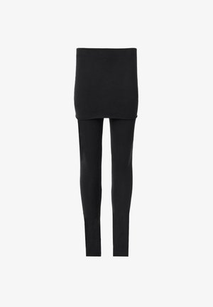 Leggings noirs avec une taille haute. Fabriqués en tissu extensible pour le confort. Texture lisse, sans motifs ni accents visibles.