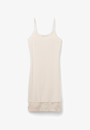 Nude tankjurk met verstelbare spaghettibandjes, zachte stof en kantafwerking langs de zoom. Eenvoudig ontwerp met rechtlijnige snit.