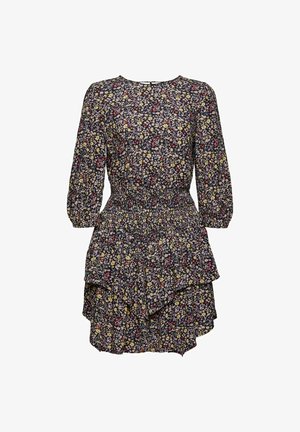 Sukienka w kwiatowy wzór na granatowym tle, z długimi bufkami, elastyczną talią i warstwowym dołem z falbanką. Posiada małe żółte, czerwone i białe kwiatki.