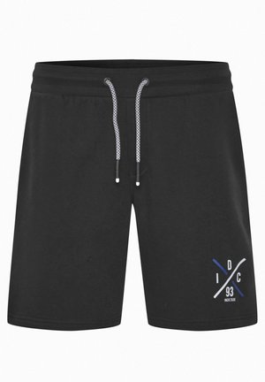 Shorts de sport noirs avec taille élastique, cordon de serrage blanc et design graphique bleu sur le bas à droite. Tissu légèrement texturé.