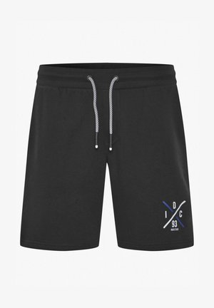 Shorts de sport noirs avec taille élastique, cordon de serrage blanc et design graphique bleu sur le bas à droite. Tissu légèrement texturé.