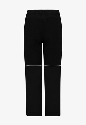 Schwarze Hose mit elastischem Bund, ausgestattet mit reflektierenden Akzenten und einem geraden Schnitt. Der Stoff wirkt glatt und leicht.