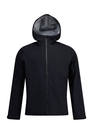 Chaqueta negra impermeable con capucha, que presenta una cremallera en el frente y puños elásticos. Tela suave, diseño minimalista, sin patrones visibles.