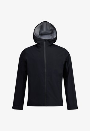 Veste noire imperméable avec capuchon, dotée d'une fermeture éclair à l'avant et de poignets élastiques. Tissu lisse, design minimaliste, sans motifs visibles.