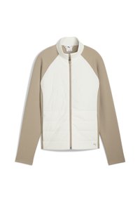 Lightweight jacket with a high collar, featuring a cream front with quilted design and beige, long raglan sleeves. Zipper fastening.