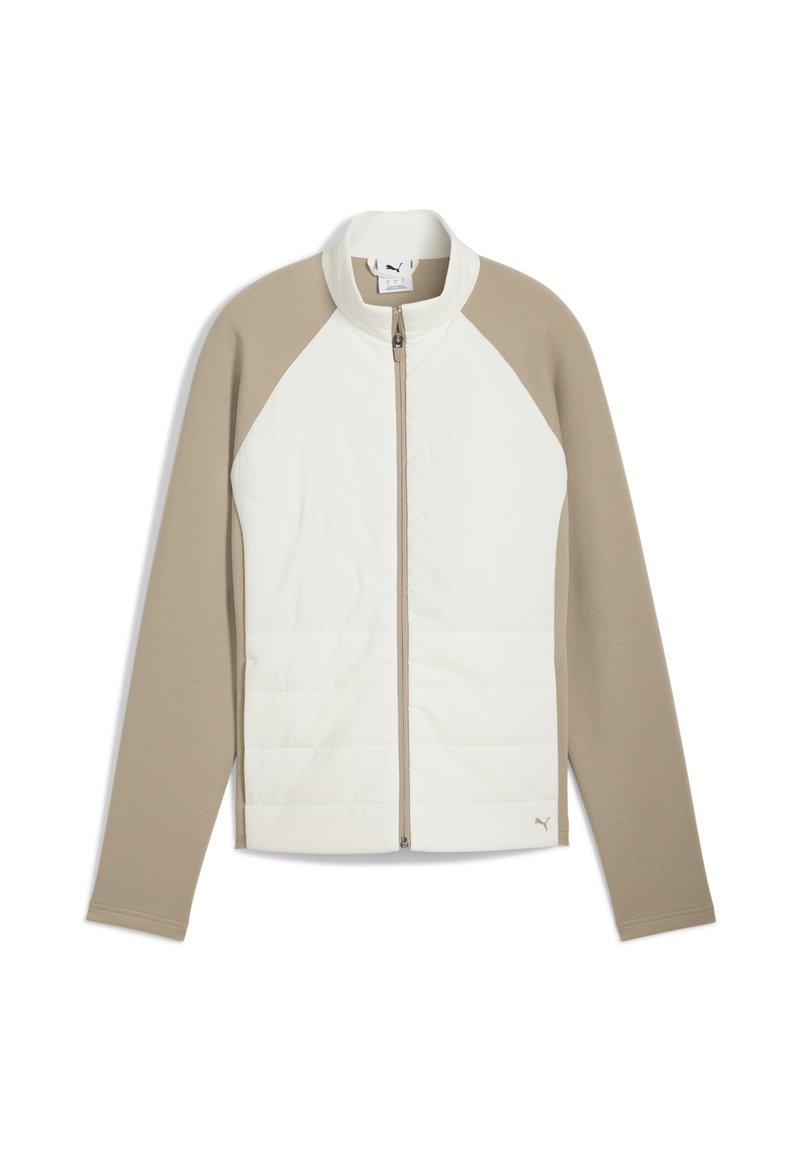 Lightweight jacket with a high collar, featuring a cream front with quilted design and beige, long raglan sleeves. Zipper fastening.