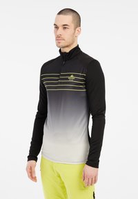 Zwarte en grijze lange mouwen zip-up top met gele strepen, gemaakt van een glad materiaal. Voorzien van een hoge kraag en een slim-fit ontwerp.