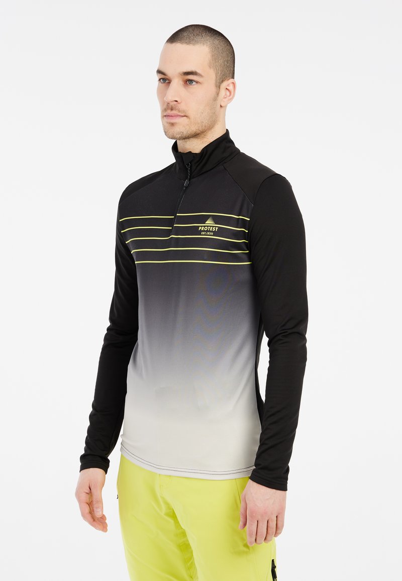 Zwarte en grijze lange mouwen zip-up top met gele strepen, gemaakt van een glad materiaal. Voorzien van een hoge kraag en een slim-fit ontwerp.