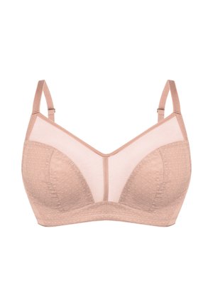 Jasnoróżowy bezprzewodowy biustonosz z regulowanymi ramiączkami, miseczkami z teksturowanej tkaniny oraz półprzezroczystym panelem z siateczki na górnej przedniej części.