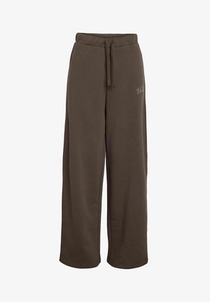 Rudos, plačios kelnės iš minkštos medžiagos, su elastingu juosmeniu ir virvele, o šone yra subtilus logotipo detalė.