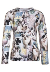 Camicia a maniche lunghe con texture trapuntata, realizzata in tessuto morbido con un motivo di cani multicolore su sfondo azzurro chiaro.