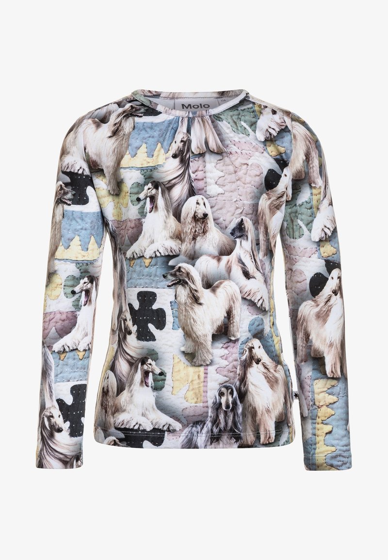 Camicia a maniche lunghe con texture trapuntata, realizzata in tessuto morbido con un motivo di cani multicolore su sfondo azzurro chiaro.