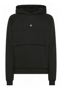 Zwarte hoodie met raglanmouwen, een frontnaad en een klein rond logo. Gemaakt van zachte stof met een gladde textuur.