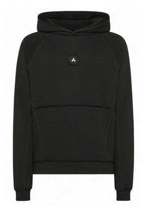 Schwarzer Kapuzenpullover mit Raglanärmeln, einer vorderen Naht und einem kleinen, runden Logo. Hergestellt aus weichem Stoff mit glatter Textur.