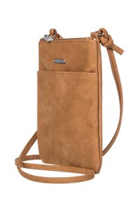 Brun faux läder crossbody-väska med dragkedja, framficka och en tunn justerbar rem. Slät textur med subtila sömnadsdetaljer.