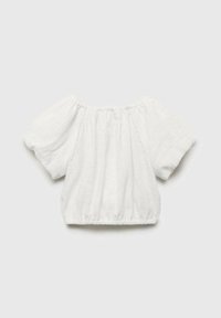 Blusa bianca con maniche a palloncino realizzata in tessuto leggero. Caratterizzata da un colletto rotondo e orlo arricciato per una vestibilità comoda.
