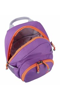 Purple backpack with orange accents, two zippered compartments, gray handle, and textured fabric. Includes mesh side pocket.