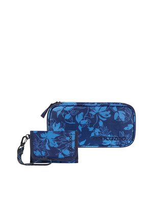 Blue floral-patterned pencil case and matching wallet with wrist strap, both featuring black "Coocazoo" logo embroidery.