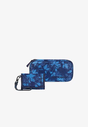 Blue floral-patterned pencil case and matching wallet with wrist strap, both featuring black "Coocazoo" logo embroidery.