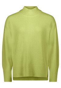 Pull en tricot vert avec un col montant à côtes et des manches longues. Présente une coupe décontractée et un ourlet à côtes. Texture douce avec un motif minimal.