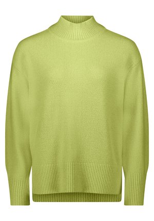 Groene gebreide trui met een hoge ribbelhals en lange mouwen. Beschikt over een ontspannen pasvorm en ribbelzoom. Zachte textuur met een minimaal patroon.
