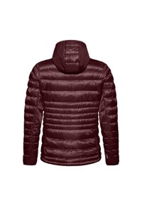 Giacca piumino marrone con sezioni a doppiatura orizzontale, cappuccio e zip, caratterizzata da una texture liscia e lucida. Progettata per calore e comfort.