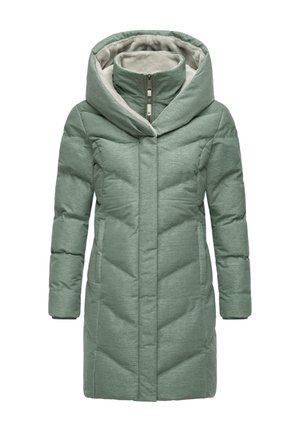 Padded coat in muted green with large hood, zip closure, and textured fabric. Features diamond quilt pattern and two side pockets.