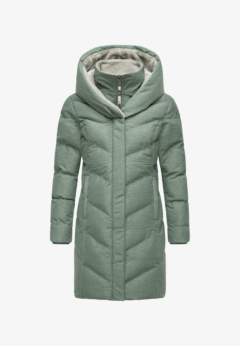 Padded coat v tlmenej zelenej farbe s veľkou kapucňou, zipsovým zapínaním a textúrovanou látkou. Obsahuje vzor diamantového prešívania a dve bočné vrecká.