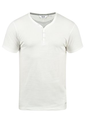 White short-sleeve T-shirt made of soft fabric. Features a V-neck with a gray accent and two buttons at the collar. Seamless design.