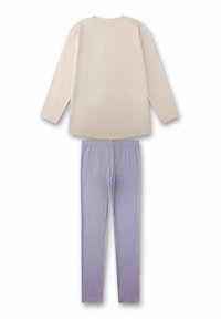 Long-sleeve cream top with round neckline paired with purple striped leggings, made of soft fabric, displayed flat.