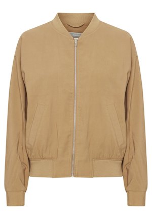 Jachetă bomber bej cu guler și manșete ribbed, închidere cu fermoar în față și buzunare laterale. Textură netedă cu o croială lejeră.