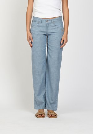 Woman wearing light blue wide-leg trousers and tan sandals, standing against a plain light background.