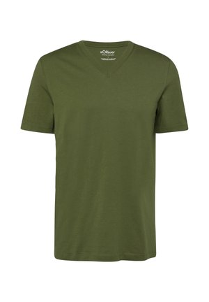 Męski oliwkowozielony t-shirt z krótkim rękawem i dekoltem w serek, z subtelnym haftowanym logo na lewej piersi.