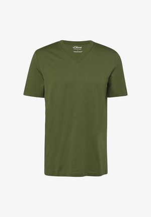 Olivgrünes Herren-T-Shirt mit V-Ausschnitt und kurzen Ärmeln, mit dezentem gesticktem Logo auf der linken Brust.