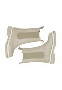 Botine bej până la gleznă, cu panouri laterale elastice, talpă din cauciuc texturat și cârlig în partea din spate. Partea superioară din piele netedă cu accente albe.