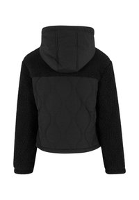 Schwarze Kapuzenjacke mit einer gesteppten Vorderseite im wellenförmigen Muster und einem flauschigen Stoff an den Ärmeln und dem Rücken, entworfen für Wärme.