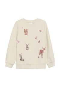 Crème sweatshirt met dierenprints - eekhoorn, vos, konijn, hert - samen met vlinders in verschillende tinten roze en textuurdetails.