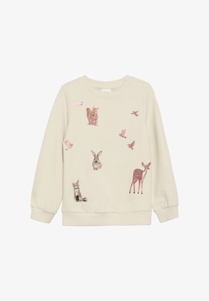 Kremowa bluza z nadrukiem zwierząt - wiewiórka, lis, królik, jeleń - oraz motylami w różnych odcieniach różu, z teksturowanymi detalami.