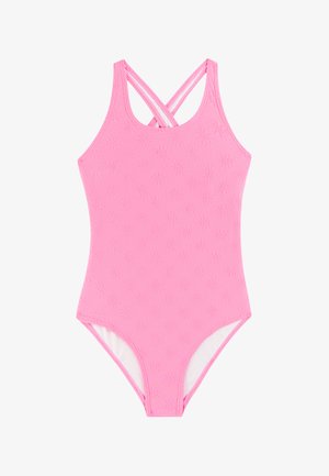 Różowy jednoczęściowy kostium kąpielowy z wypukłymi wzorami słońca i krzyżującymi się ramiączkami na plecach.