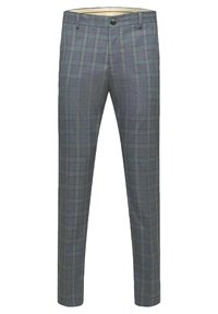 Grå rutiga byxor i vävt tyg, med rak skärning, framknäppning och subtila blå och gröna inslag i mönstret.