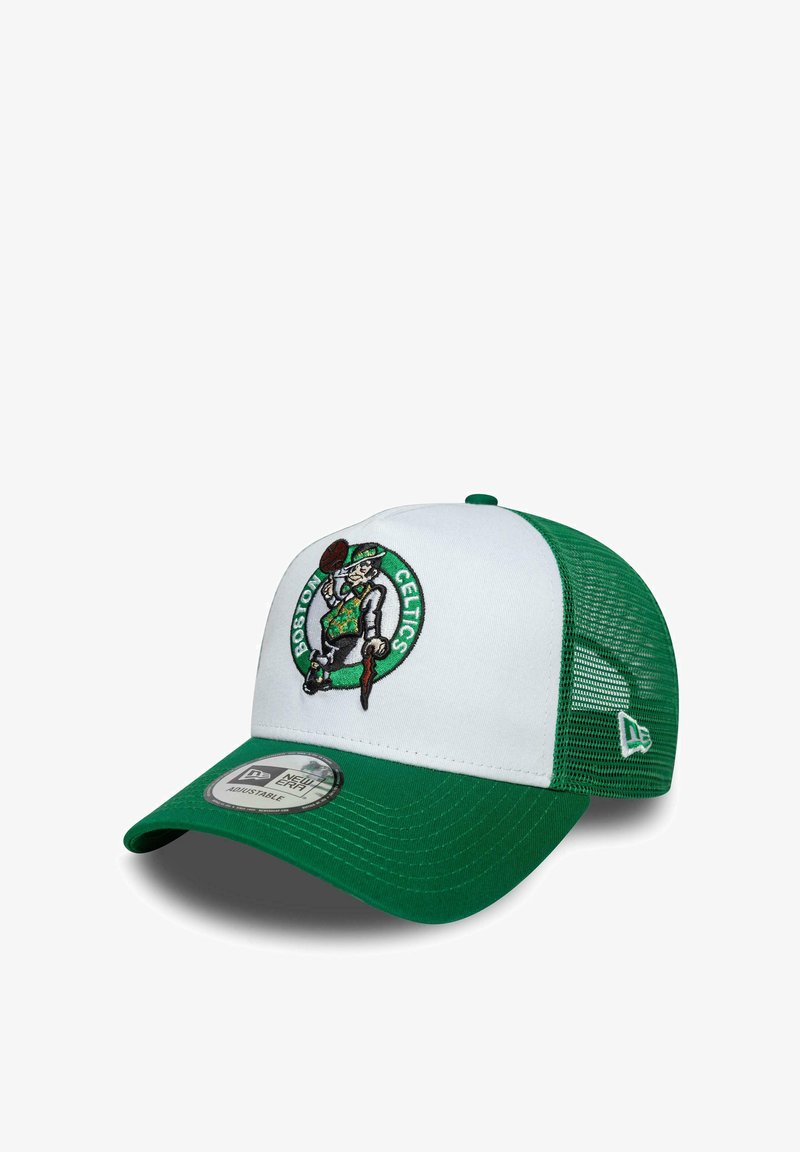 Green and white trucker cap featuring Boston Celtics logo, embroidered detail of leprechaun holding a basketball, adjustable snapback closure.