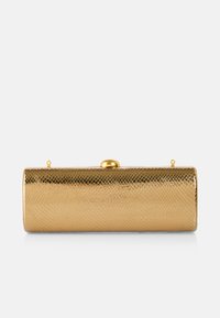 Gold-colored clutch made of textured material with a snake-skin pattern. Features a round clasp and two small attachment loops. Cylinder shape.