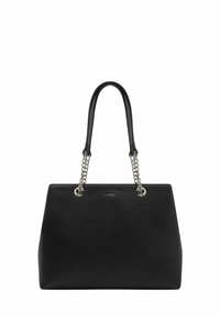 Black leather tote bag with a textured surface, silver chain handles, and a structured shape. Features logo accent on the front.