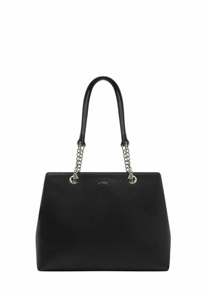 Black leather tote bag with a textured surface, silver chain handles, and a structured shape. Features logo accent on the front.