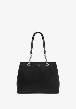 Black leather tote bag with a textured surface, silver chain handles, and a structured shape. Features logo accent on the front.