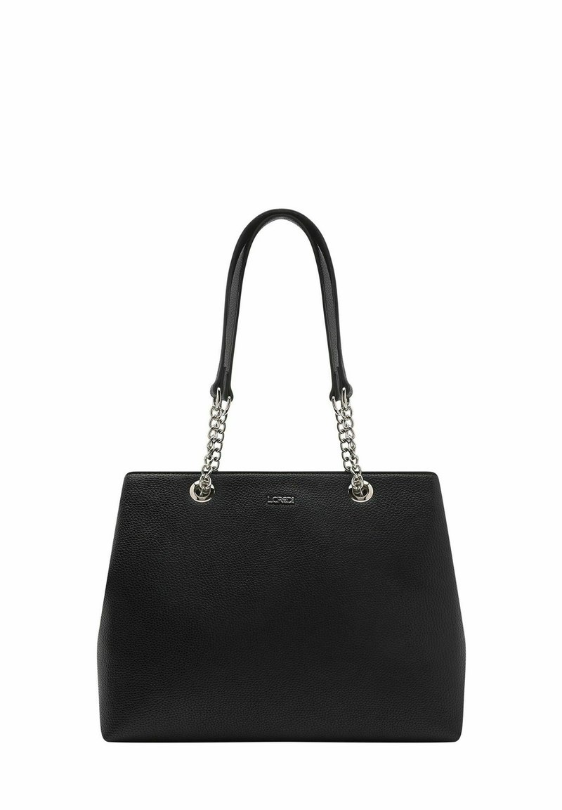 Black leather tote bag with a textured surface, silver chain handles, and a structured shape. Features logo accent on the front.