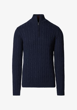 Granatowy sweter dzianinowy z wysokim kołnierzem i zamkiem na ćwiartkę. Posiada teksturowany wzór warkocza oraz ściągacze na mankietach i dole.