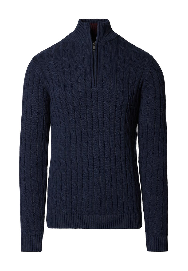 Granatowy sweter dzianinowy z wysokim kołnierzem i zamkiem na ćwiartkę. Posiada teksturowany wzór warkocza oraz ściągacze na mankietach i dole.