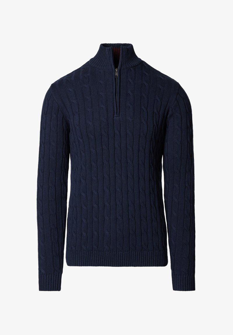 Granatowy sweter dzianinowy z wysokim kołnierzem i zamkiem na ćwiartkę. Posiada teksturowany wzór warkocza oraz ściągacze na mankietach i dole.